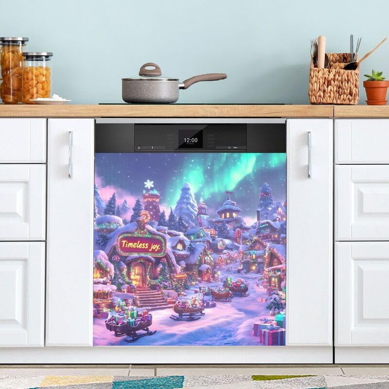 クリスマスビレッジ オーロラ 食器洗い機 磁気カバー 冷蔵庫 ドアカバー シート ホーム キッチン 装飾 66.0 cm x 58.