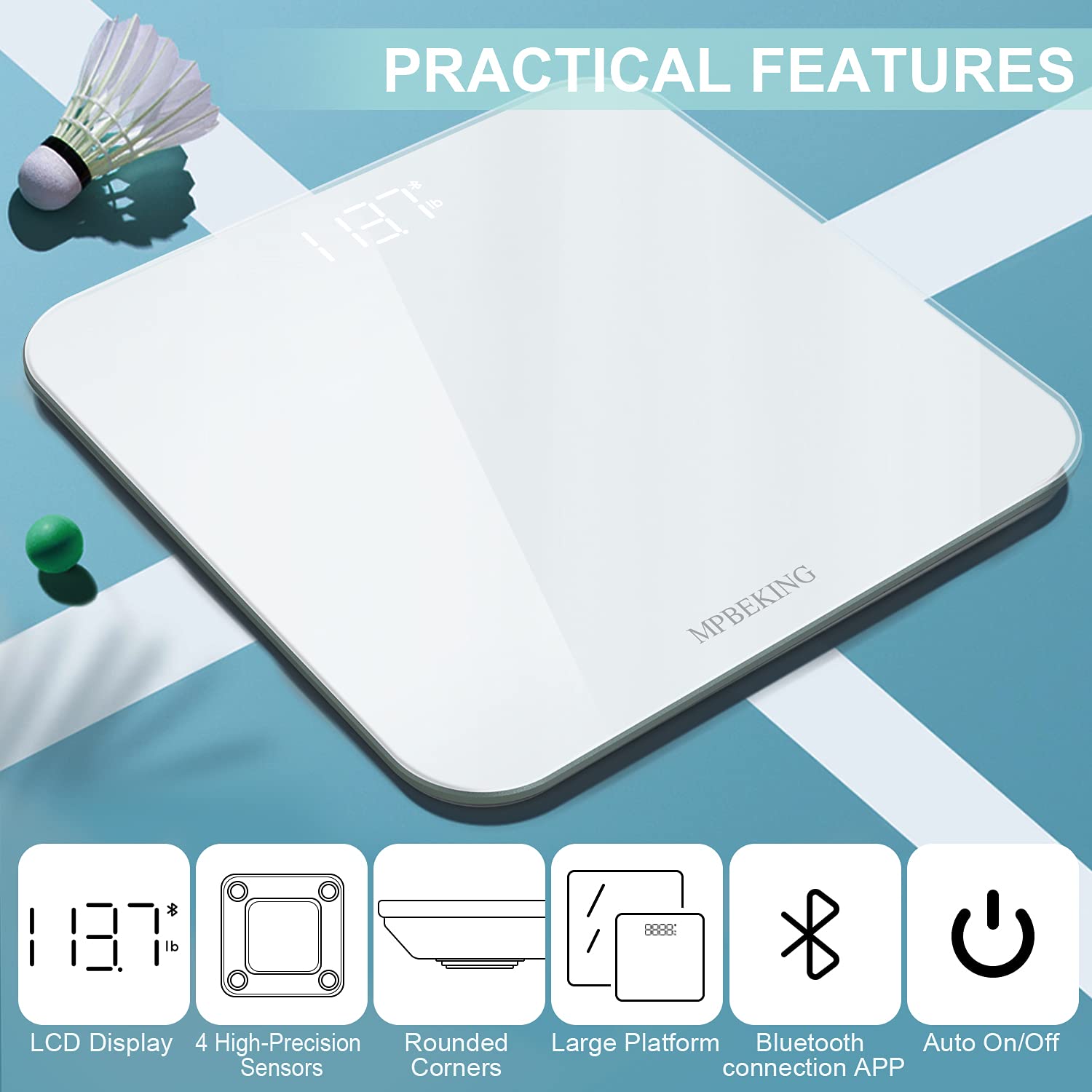 Scale for Body Weight, High Accuracy Bathroom Digital Scales, Bluetooth Weighing Scale, Unlimited Users, LCD Display, Round Corner Disign, Compact Size with Sturdy Tempered Glass 400lb- White