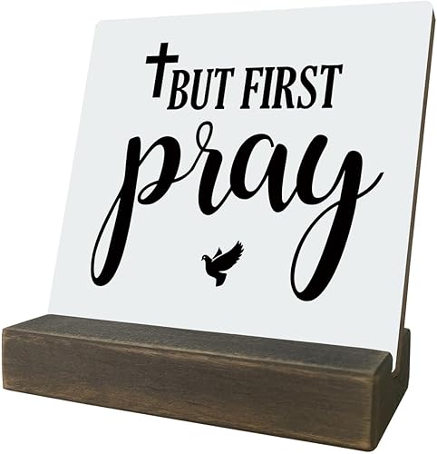 Miniatura 1 de Letreros de placa religiosa, pero primero rezar, placa de madera con soporte, placa de decoración para el hogar, letrero decorativo de mesa, letrero