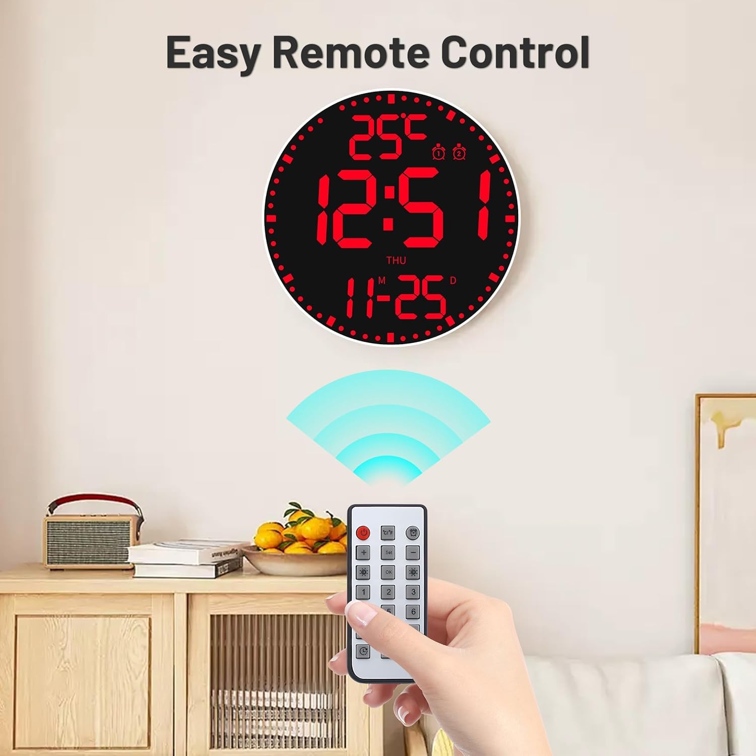 Elecbee Horloge murale numérique de 30,5 cm – Grand écran LED avec rétroéclairage RVB à distance – Réveil calendrier et température (interrupteur C/F), luminosité réglable pour chambre à coucher