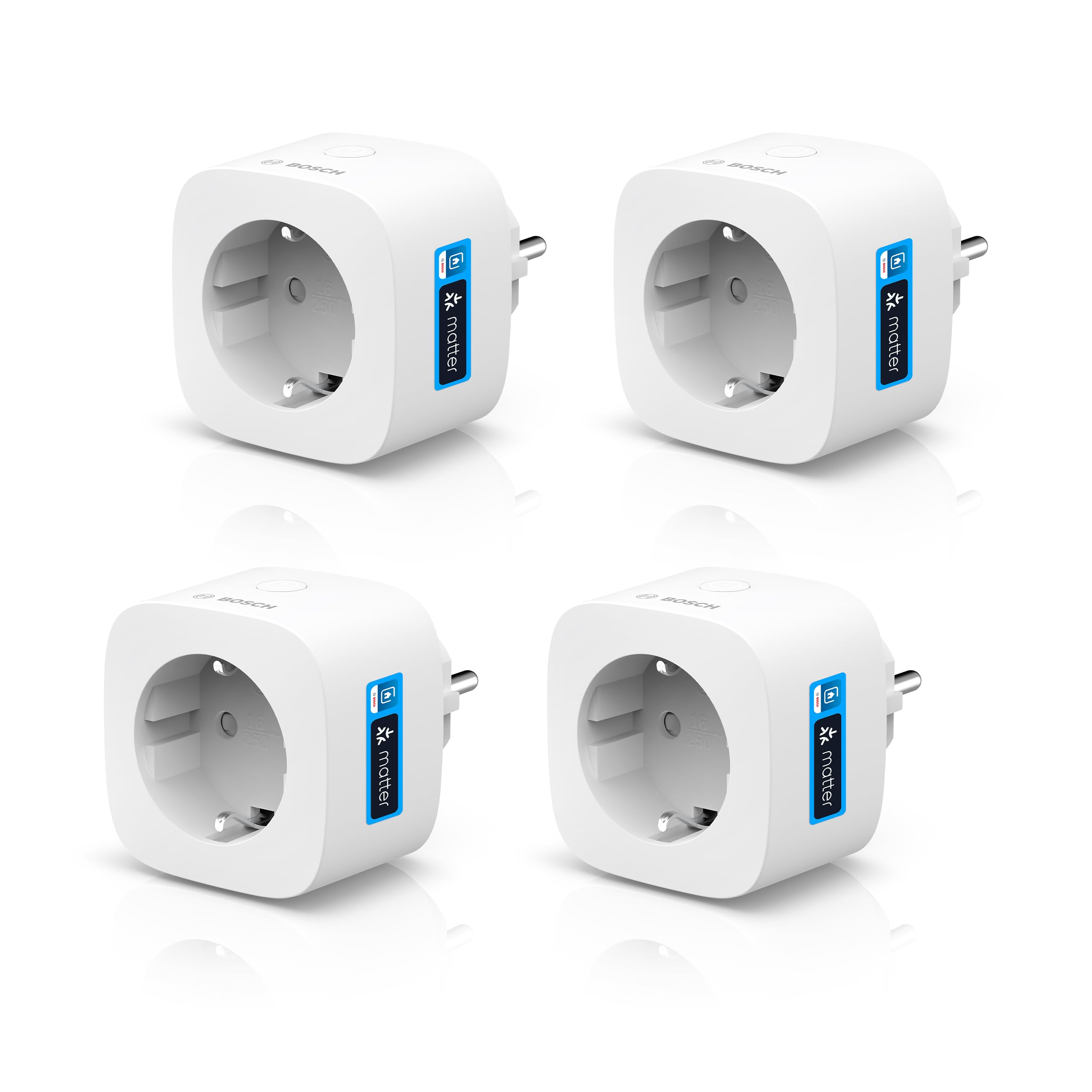 Bosch Smart Home presa intelligente compatta [+M], presa Wifi smart, app controllabile con funzione di risparmio energetico, uso in sistemi Bosch Smart Home o Matter di altri produttori, set 4 pz.