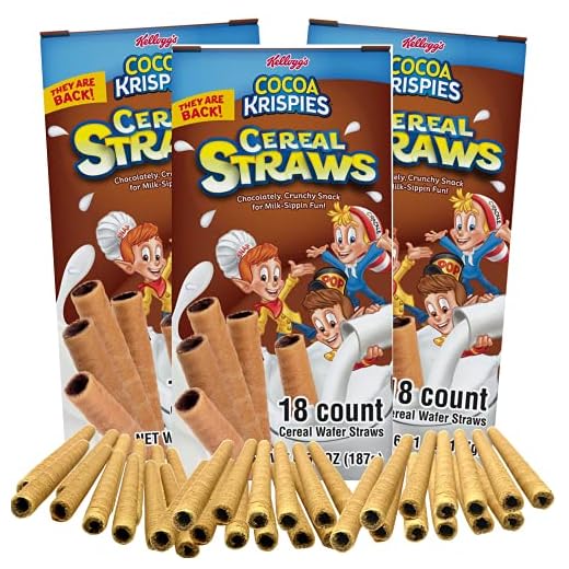 2023 Kellogg's Cereal Straws Cocoa Krispies Edible Breakfast Straw Alternatives for Milk, 90's Childhood Nostalgic Treat for Drinking and Eating, Chocolate Cereals for Kids, Pack of 3, 18 Count