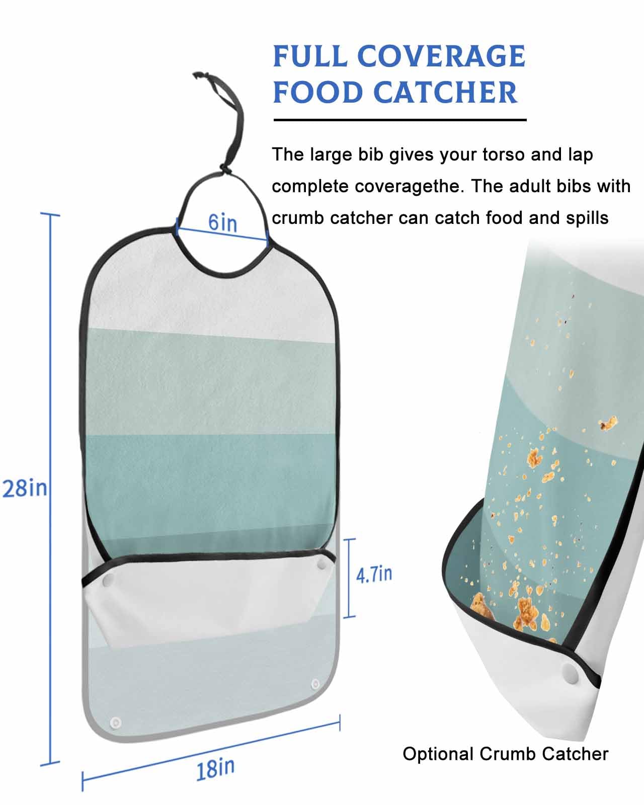 LEOKOTI Teal Ombre Adult Bibs for Eating, Waterproof Bibs with Food Catcher & Adjustable Snap Closure, Modern Abstract Art Farmhouse Striped Washable Clothing Protectors Adult Bibs for Elderly