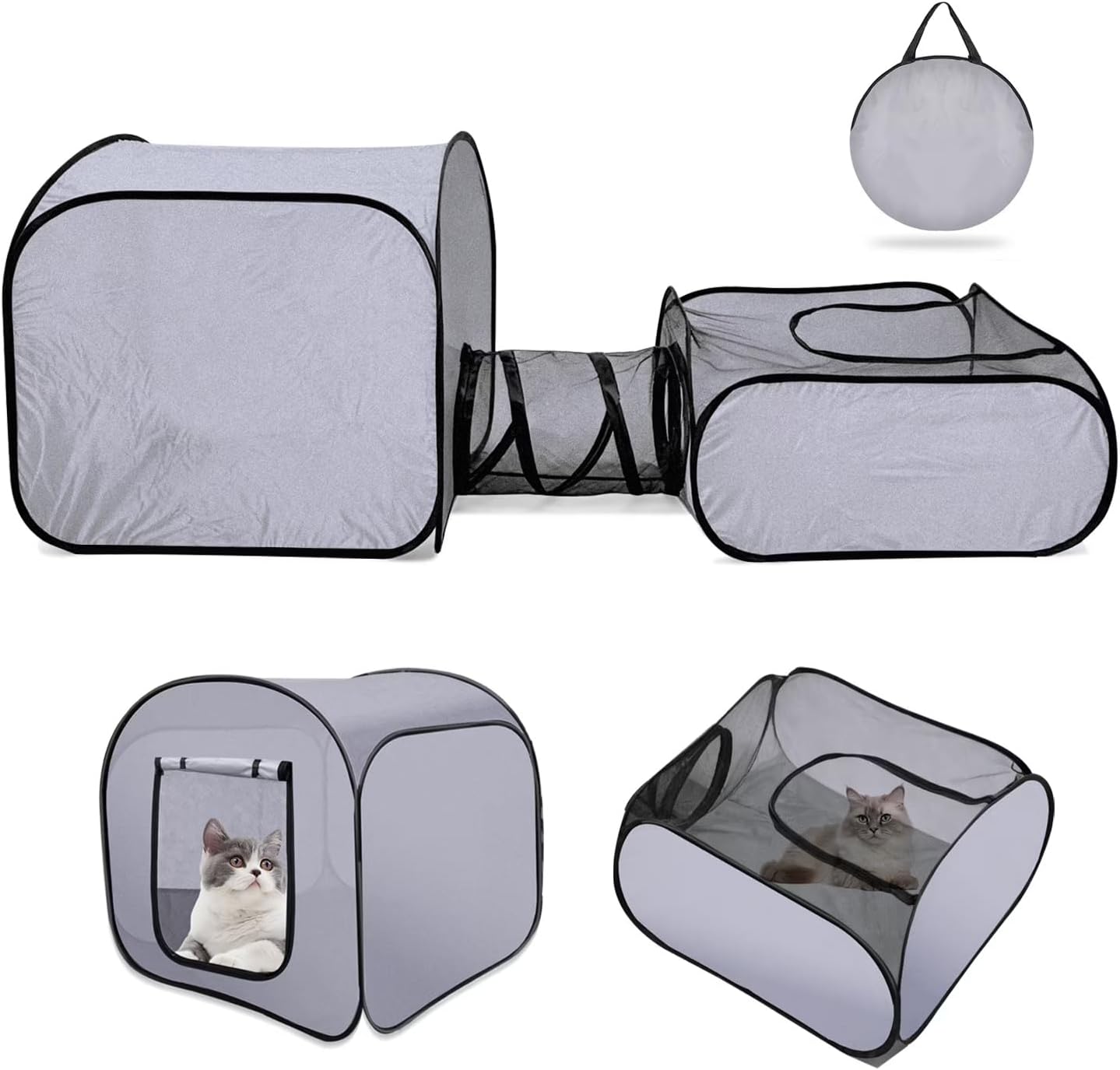 Portable Collapsible Small Pet Playpen - Breathable Mesh Fence with Attached Tunnel, Indoor Outdoor Soft-Edge Tent + Storage Bag