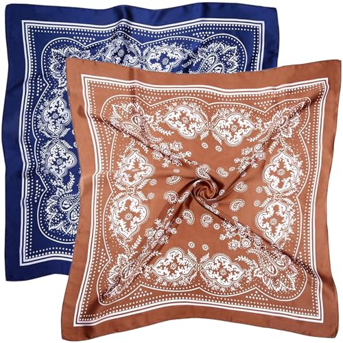 2 Pieces 27'' Square Satin Head Scarves Satin Bandanas for Women Headband Scarves Silk Feeling Scarf Boho Headwear