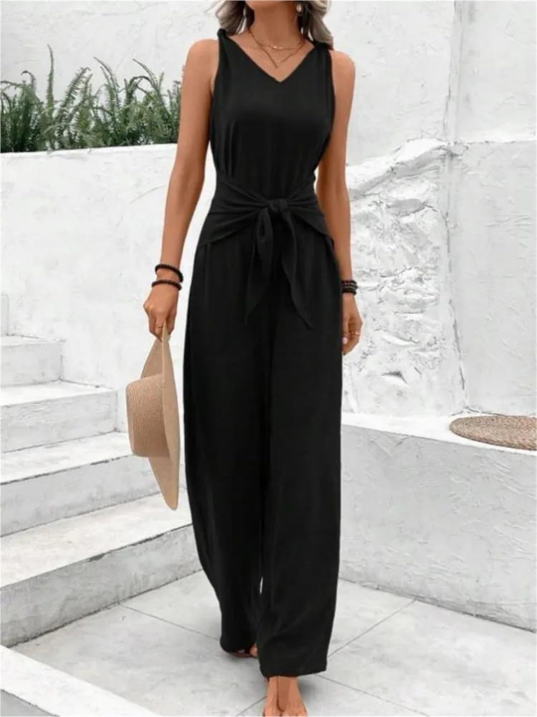 Yeuyyben Tuta da donna senza maniche con scollo a V e lacci, pantaloni a gamba larga, vestibilità ampia, casual, estivo, vacanze, spiaggia