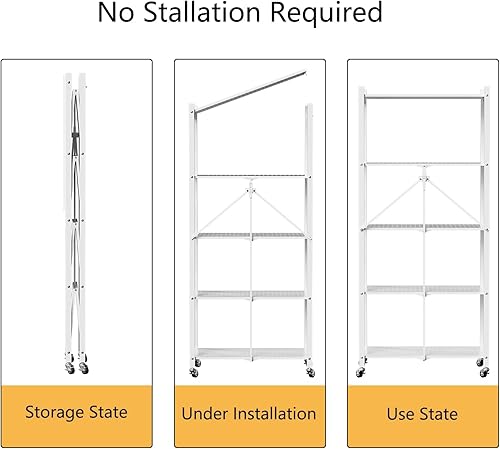 Miniatura 5 de BENOSS Estantes de almacenamiento plegables de metal con ruedas, estante de alambre blanco resistente, estante de almacenamiento plegable rodante,