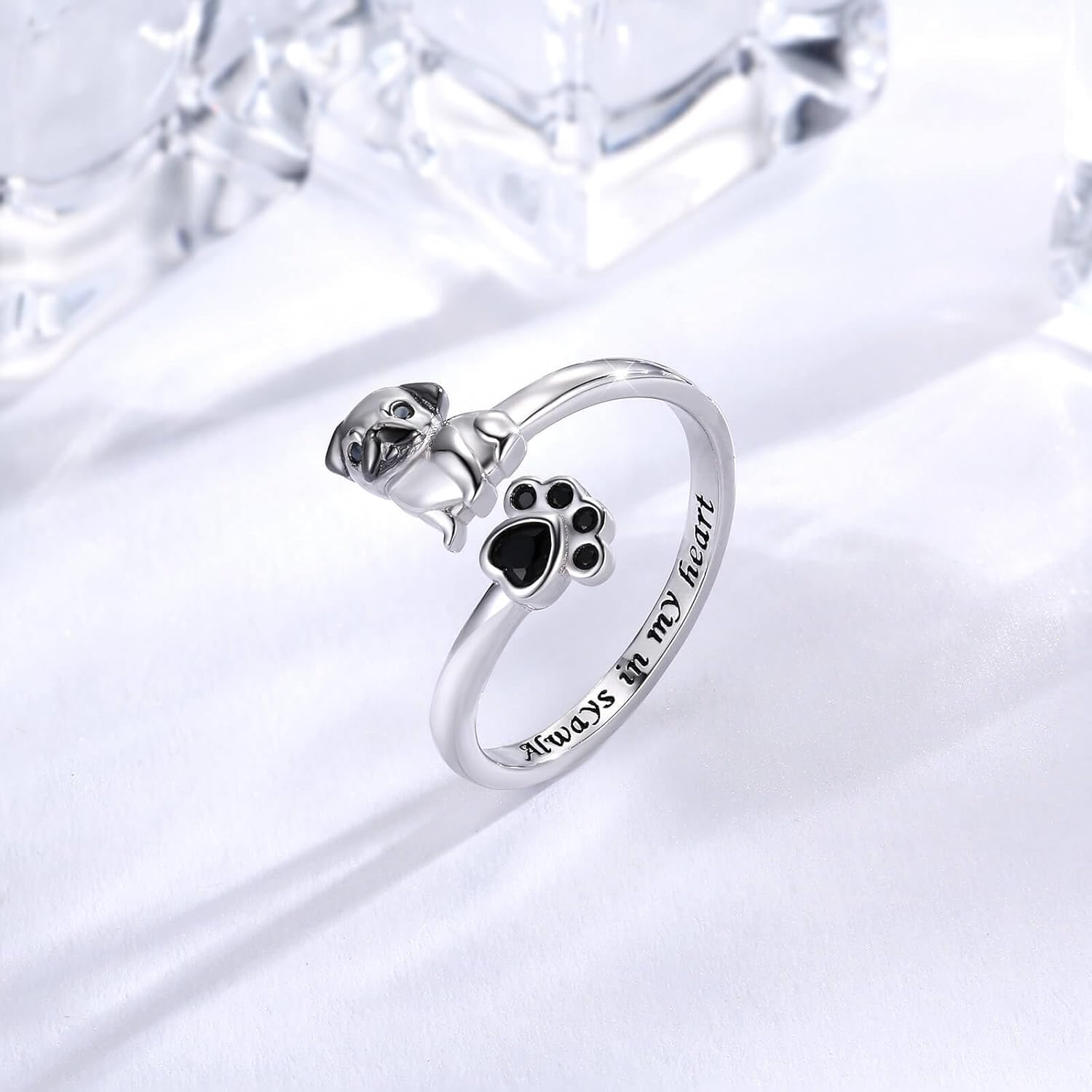 Sterling Silver Pug Ring Adjustable Pug Open Ring for Women Hypoallergenic Adorable Puppy Dog Ring Jewelry Gifts for Dog Lovers - Image 4