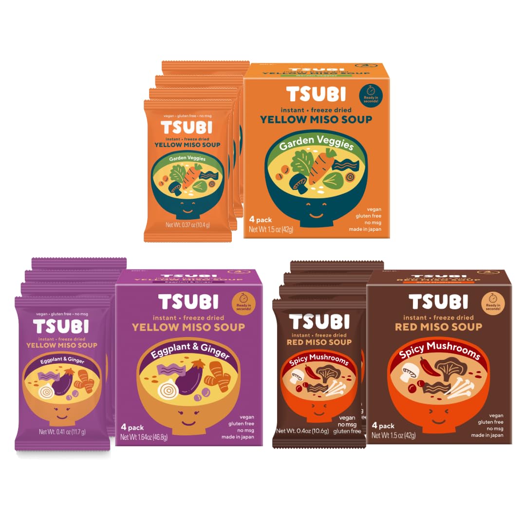 Tsubi Soup Tsubi Miso Soup Faves Trio (12 Soups) VEGAN INSTANT SOUP, LOW CARB NON-GMO GLUTEN FREE NO MSG, 6 oz Servings.