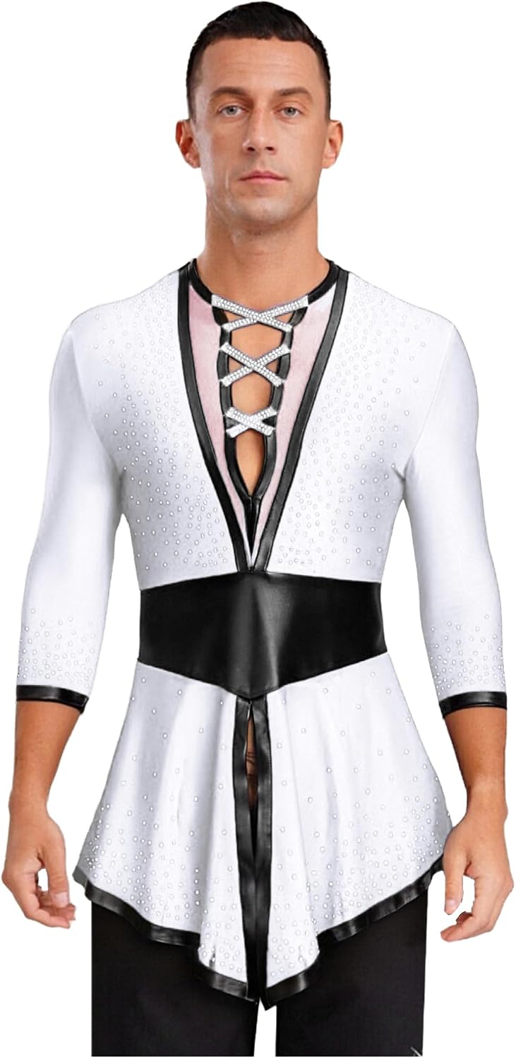 FEESHOW Men's Rhinestone Latin Dance Top V Neck Long Sleeve Swallowtail Shirt Tops Tango Ballroom Dancewear