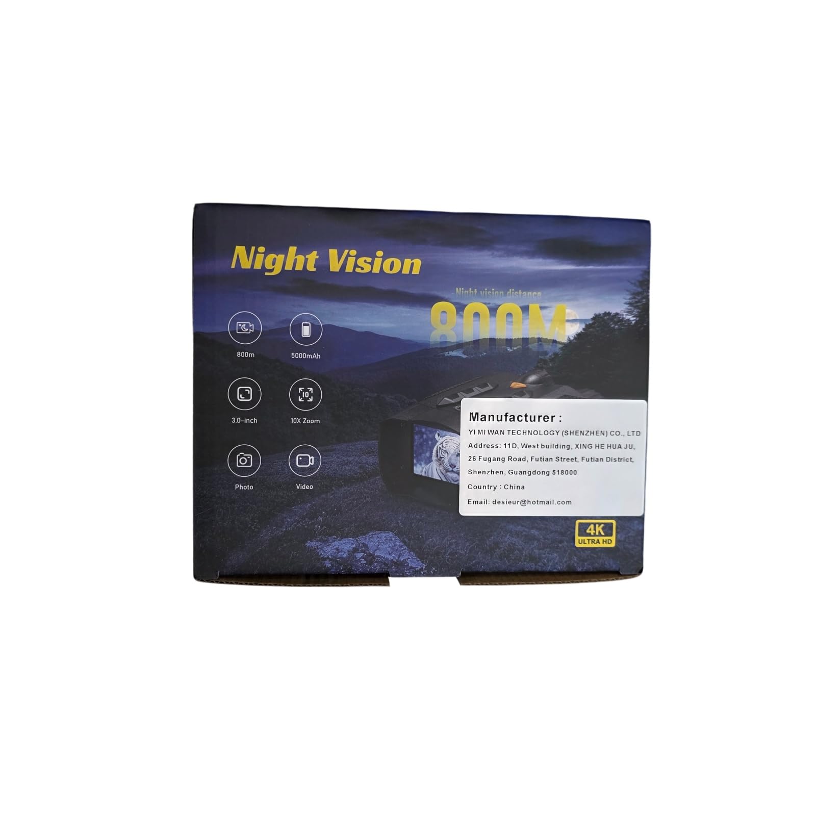 EMEBAY - Prismáticos de visión nocturna 4K, brújula integrada, luz táctica, alcance visual 800M, pantalla de 3,0 pulgadas, zoom digital 10X, batería de 5000 mAh, gafas de visión nocturna infrarroja