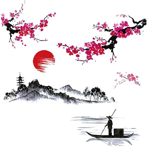 Large Japanese Wall Decor Stickers, BWCXXZH Red Cherry Blossom Tree Wall Murals Mountain River Fisherman Peel and Stick 3D Art Stickers for Girls Bedroom Nursery Living Room TV Home Decor