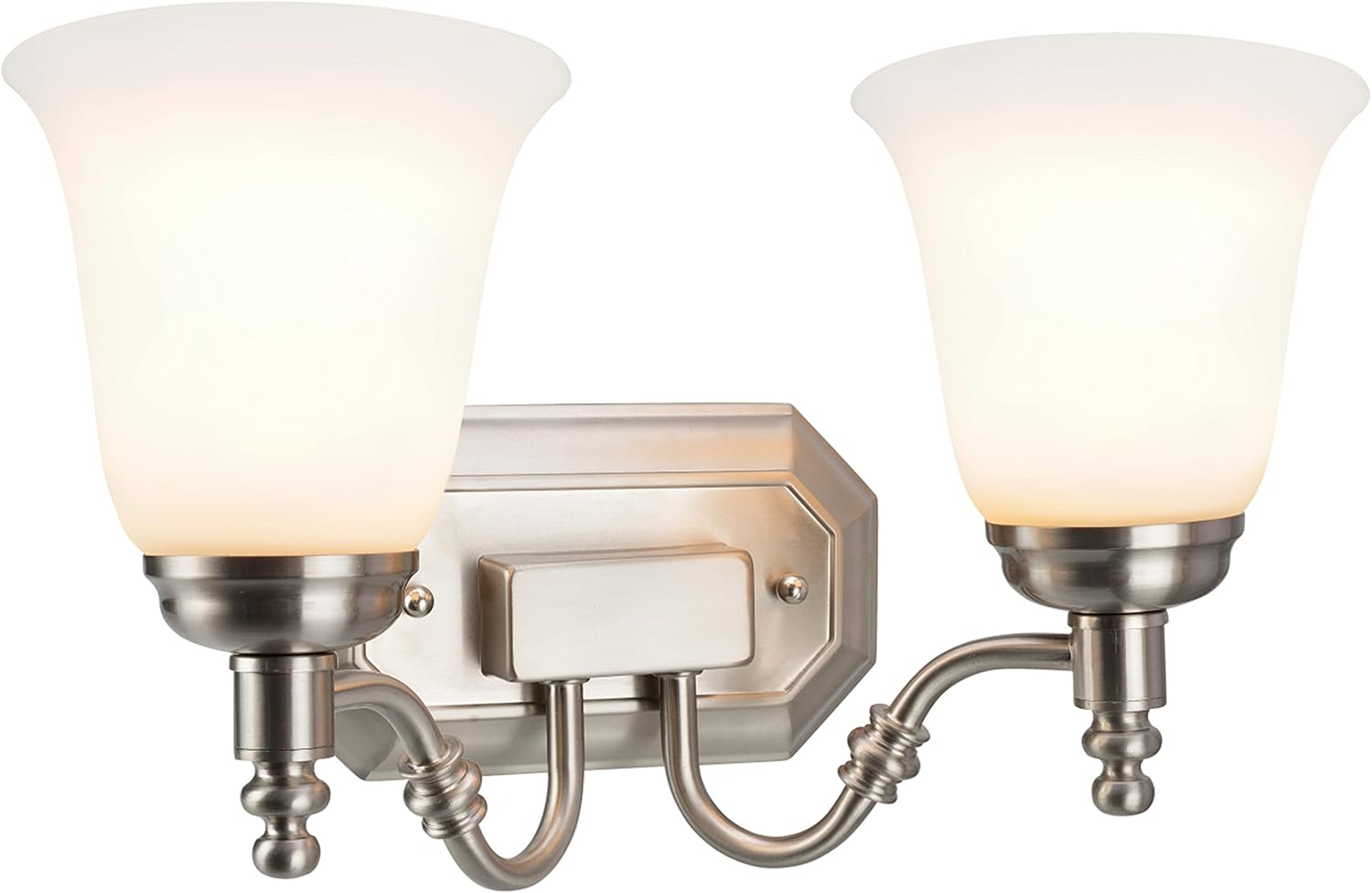 Aspen Creative 62021-2, Two-Light Metal Bathroom Vanity Wall Light Fixture, 15 1/2" Wide, Transitional Design in Satin Nickel with Frosted Glass Shade