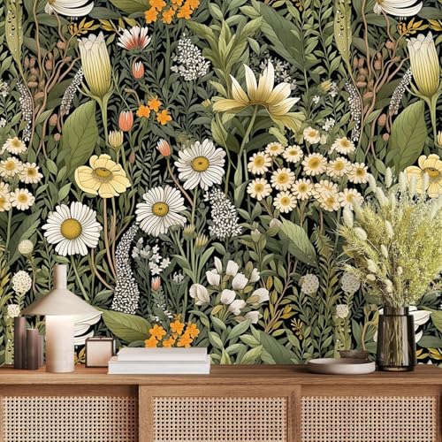 Image of Peel and Stick Vintage Flowers Leaves Design Wallpaper | Waterproof Removable Wallpaper | Self Adhesive Wallpaper for Bedroom Living Room Home & Kitchen |16.5X87Inch