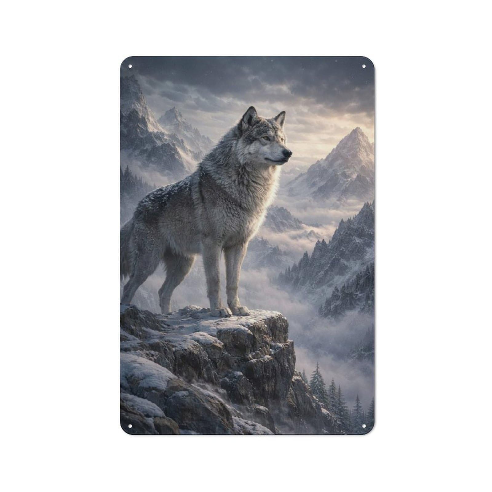Junmoney Style-19 30X20cm Retro Tin Sign With Wolf On Mountain Peak For Lounge Or Reading Corner, A Decorative Metal Sign For Lounges And Reading Corners