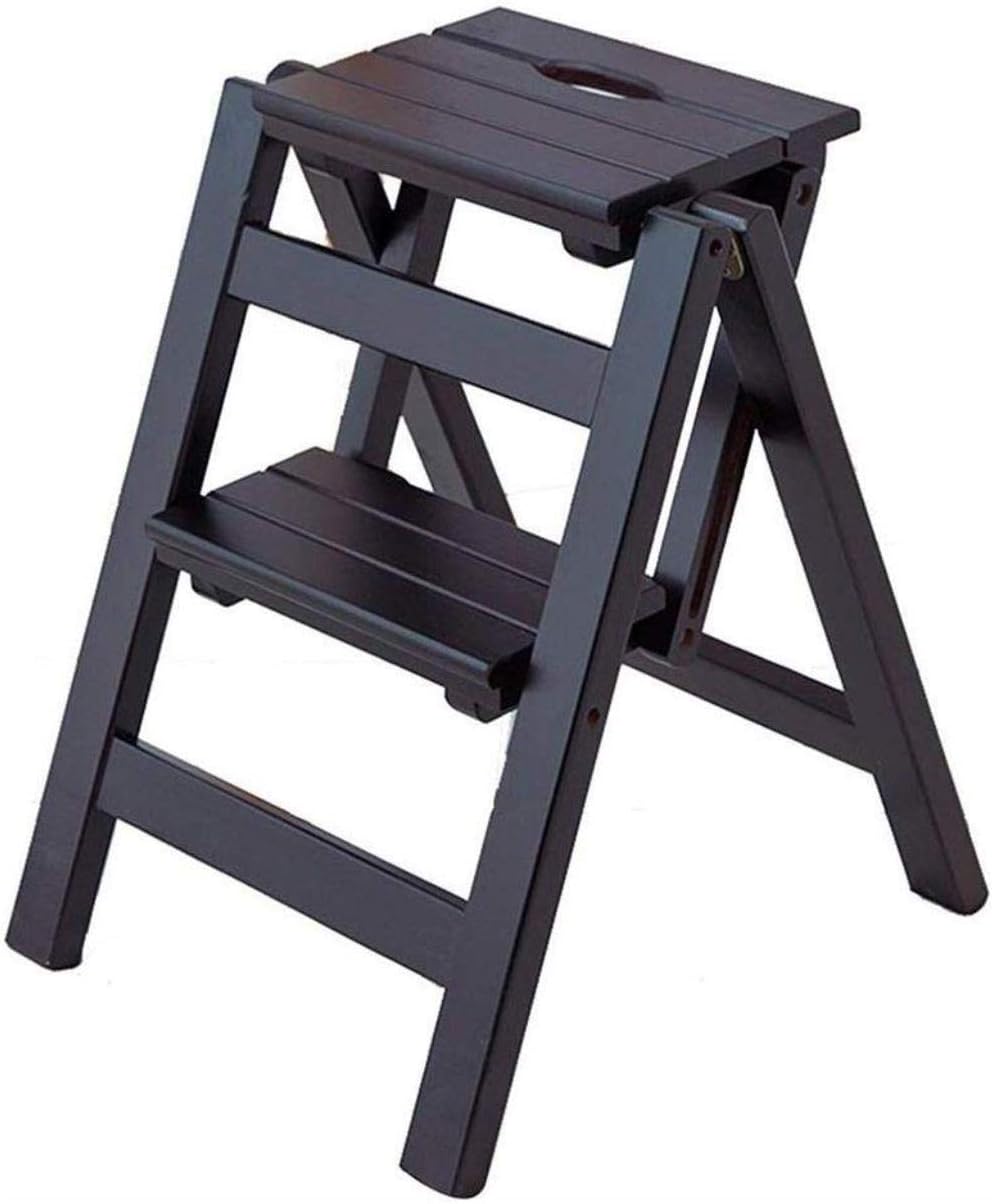 Ladder Stool Solid Wood Folding 2 Steps Household Multifunction Stair Chair Library Stepladders (Black)