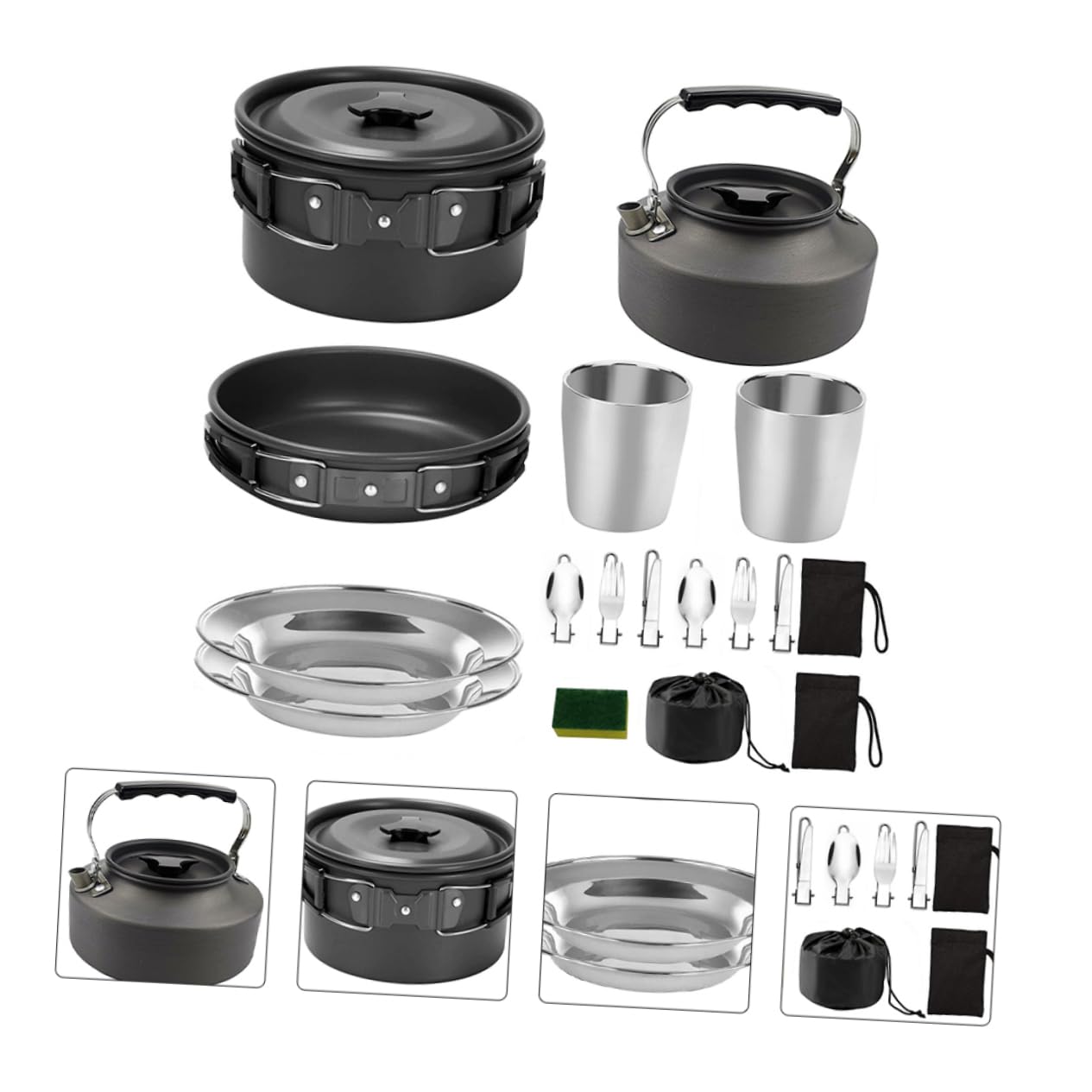 Kit de Cocina de Camping para 2-3 Personas, Juego de Utensilios de Aleación de Aluminio Negro, Fácil de Transportar y Almacenar para Actividades al Aire Libre