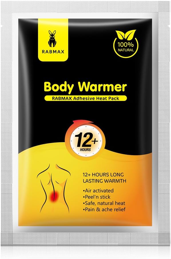 RabMax Peel N' Stick Adhesive Body Warmer Disposable Air Activated Instant Heat Full Body Warmer Sticker Long Lasting 12 Hours Neck Shoulder Stomach Leg Hand Warmer Pain Relief Heating Pad [ 1 Pair ]
