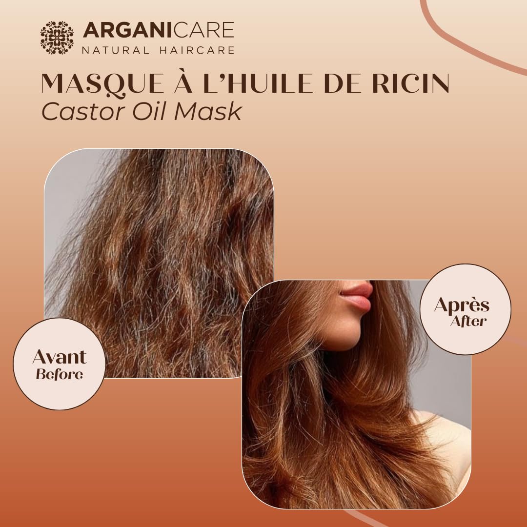 ARGANICARE Masque Cheveux Huile de Ricin Bio & Argan 500 ml – Soin Hydratant Réparateur pour Cheveux Secs et Abîmés, Anti-Casse, Aide à la Pousse, Brillance & Douceur