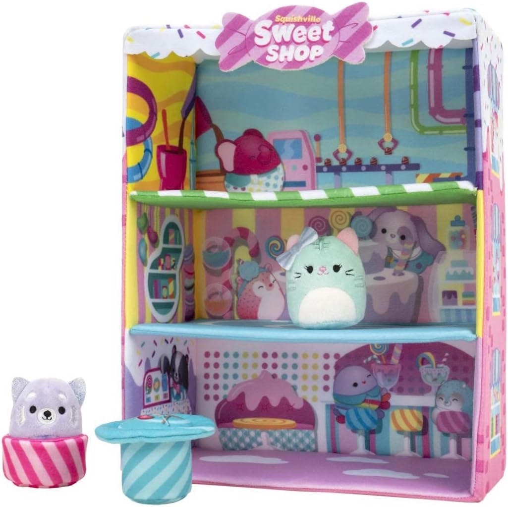 Squishville by Original Squishmallows Sweet Shop - Playset with 2-Inch Priya The Purple Panda, Tres’zure The Teal Cat & Bistro Table and Chair - Toys for Kids