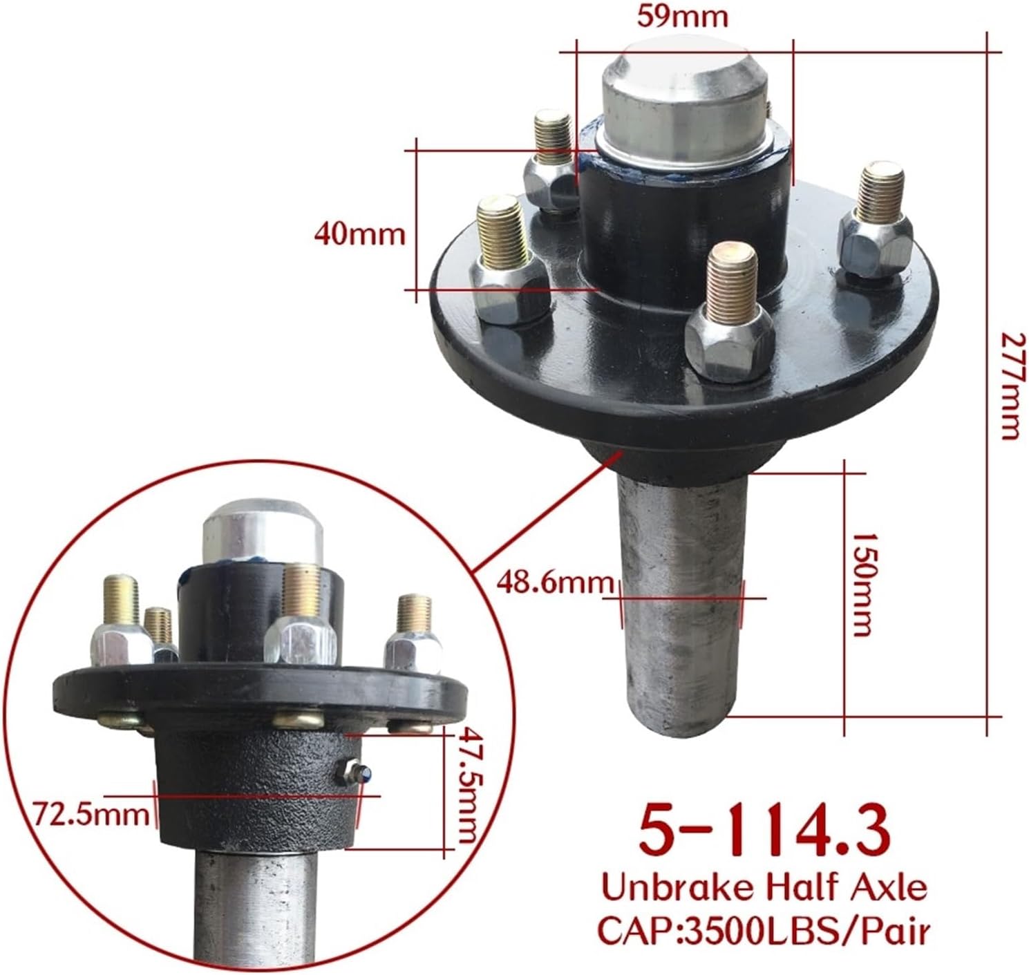 Replacement 5-114.3 Cap 3500LBS Unbrake Trailer Half Axle Shaft Hubs for Pair RV Parts Camper Accessories Caravan Components