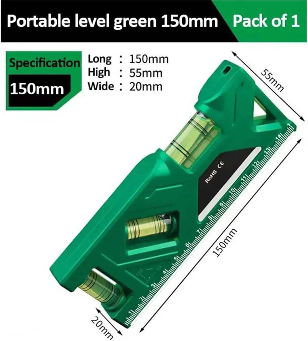 1pc Level Gauge High-precision Horizontal Vertical Measure Metric Ruler Protractor Home Portable Magnetic Pocket Level(150mm Green)