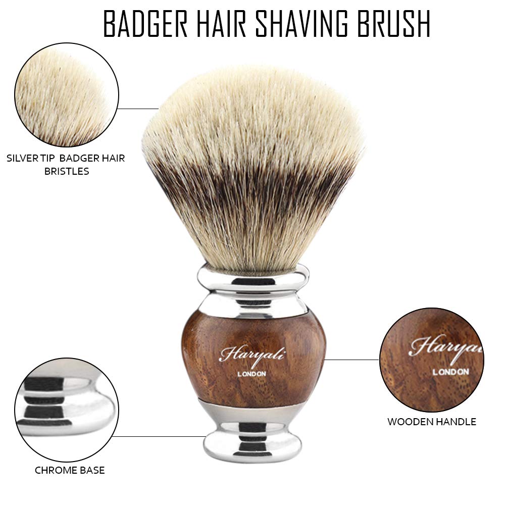 Kit De Rasage Homme Haryali - Brosse En Poil De Blaireau Et Support En Métal Argenté