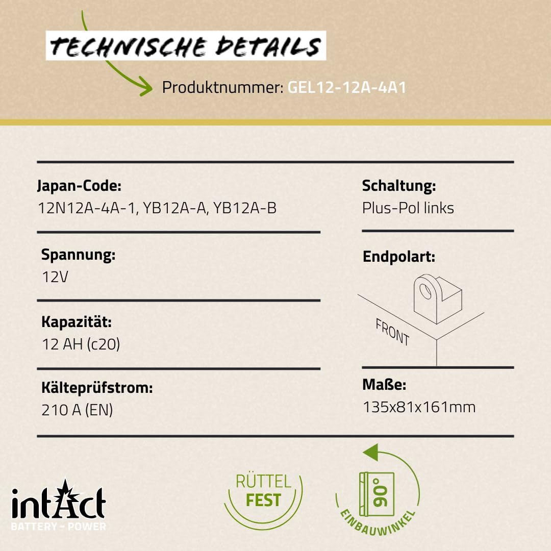 intAct - GEL MOTORRADBATTERIE Bike-Power GEL12-12A-4A1. Ersetzt 12N12A-4A-1. Motorradbatterie 12Ah 210A. Maße: 135x81x161mm. Mit bis zu 30% mehr Startleistung.