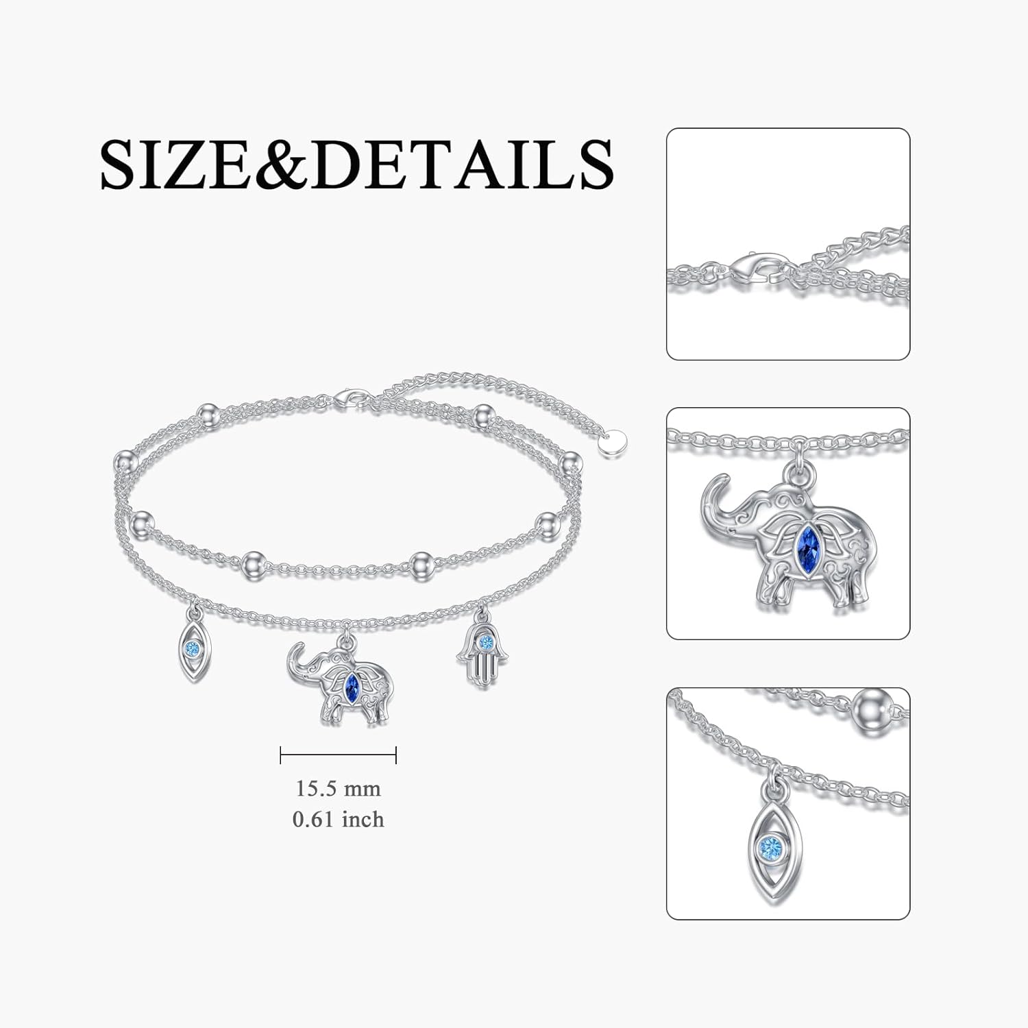 YAFEINI Elephant Anklet 925 Sterling Silver Elephants Ankle Bracelet Hamsa Hand Evil Eye Elephant Jewelry for Women - Image 3