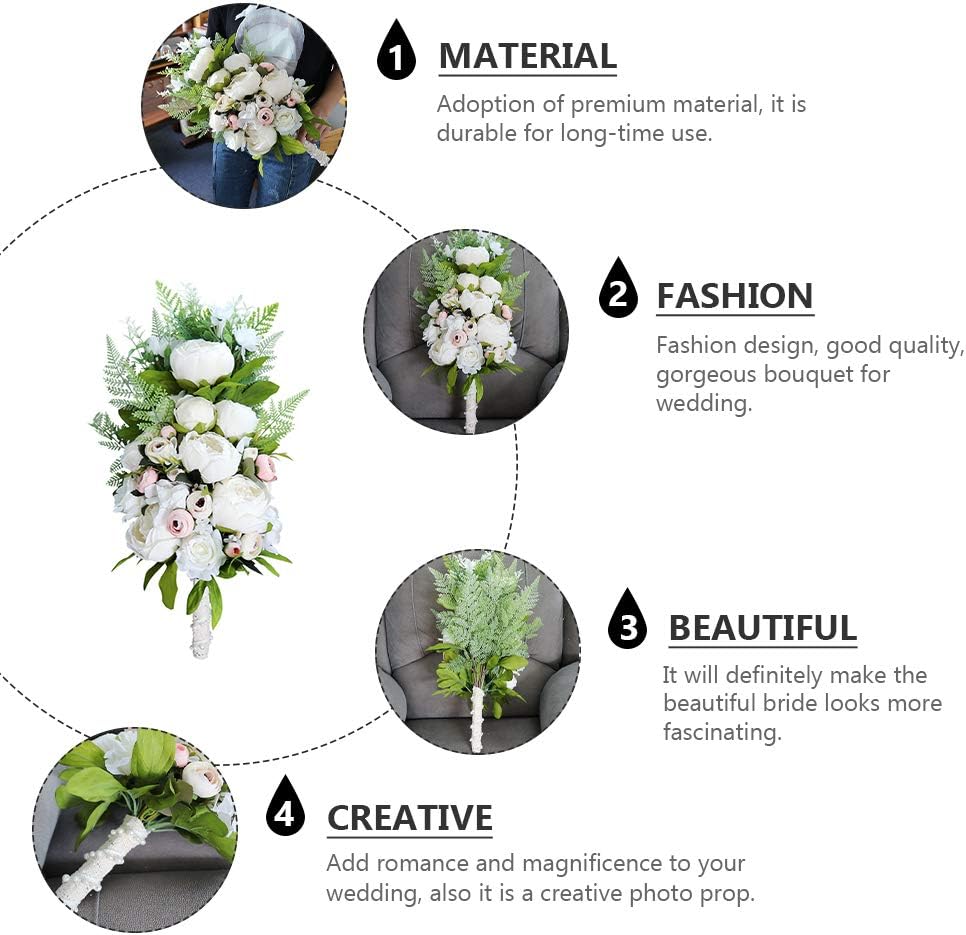 jojofuny Bridal Flower Decor Artificial Peony Wedding Bouquet Handheld Bouquet for Bridesmaids Church Ceremony 18.89X9.84X5.90 Inches Ivory White
