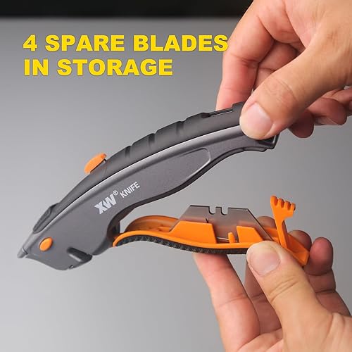 Miniatura 5 de XW Cuchillo utilitario de seguridad de doble sistema con auto-retráctil y 3 posiciones retráctil, cortador de caja resistente 2 en 1 con un total de