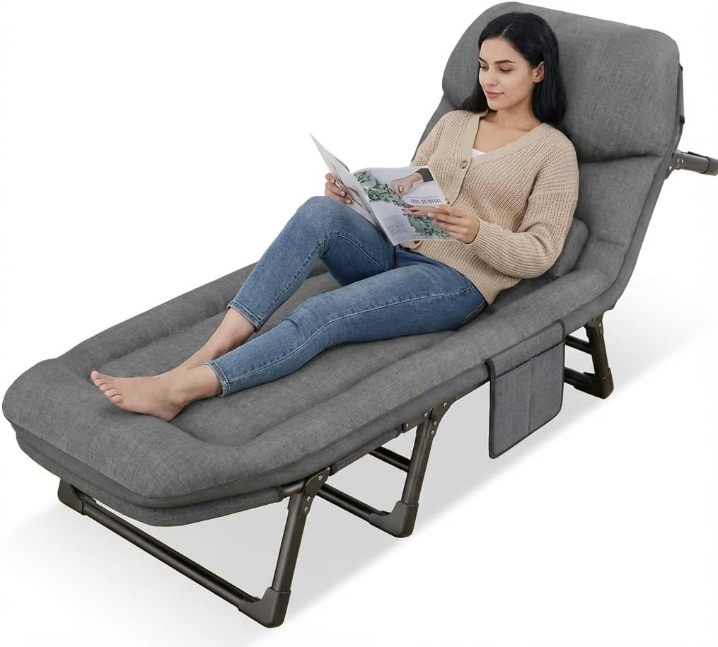 Portable Folding Bed Cot Recliner 6 Position Adjustable Backrest with Pillow Heavy Duty Steel Frame for Camping Office Nap Indoor Outdoor Use (Large(74in))