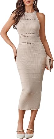 GORGLITTER Women's Crochet Halter Midi Dress Fall Wedding Guest Dresses
