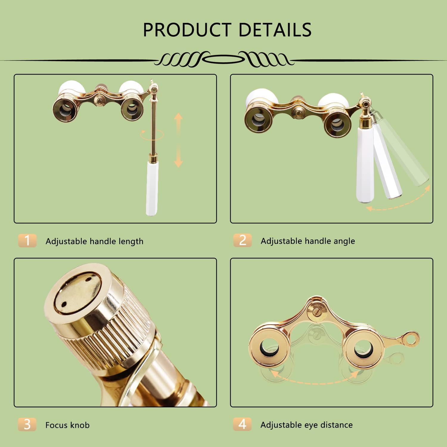 BLACKICE Opera Glasses, 3X25 Theater Binoculars, Mini Compact Opera Glasses with Adjustable Handle, Portable Binoculars for Women Adults Kids, Ideal for Concert Theater Opera (White with Handle)