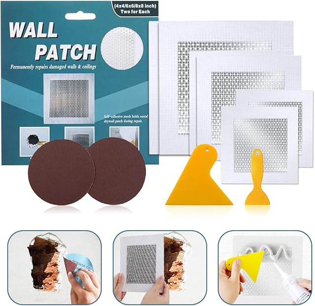 4" 6" 8" (Two of Each) Wall Repair Patch, Plasterboard Patch, Safe Mend Plaster Repair Kit, Safemend Drywall Repair Adhesive, Filler for Walls Ceiling Hole, Self Adhesive Aluminum Mesh Wall Repair