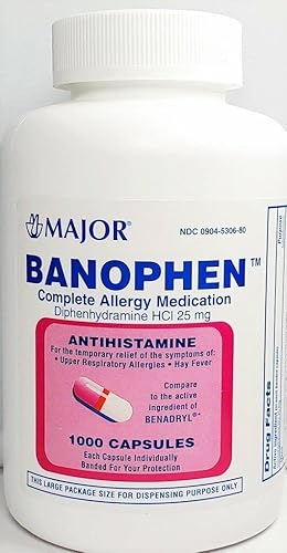Major Pharmaceuticals Banofeno Difenhidramina 25mg, Antihistamínico, 1000 Cápsulas