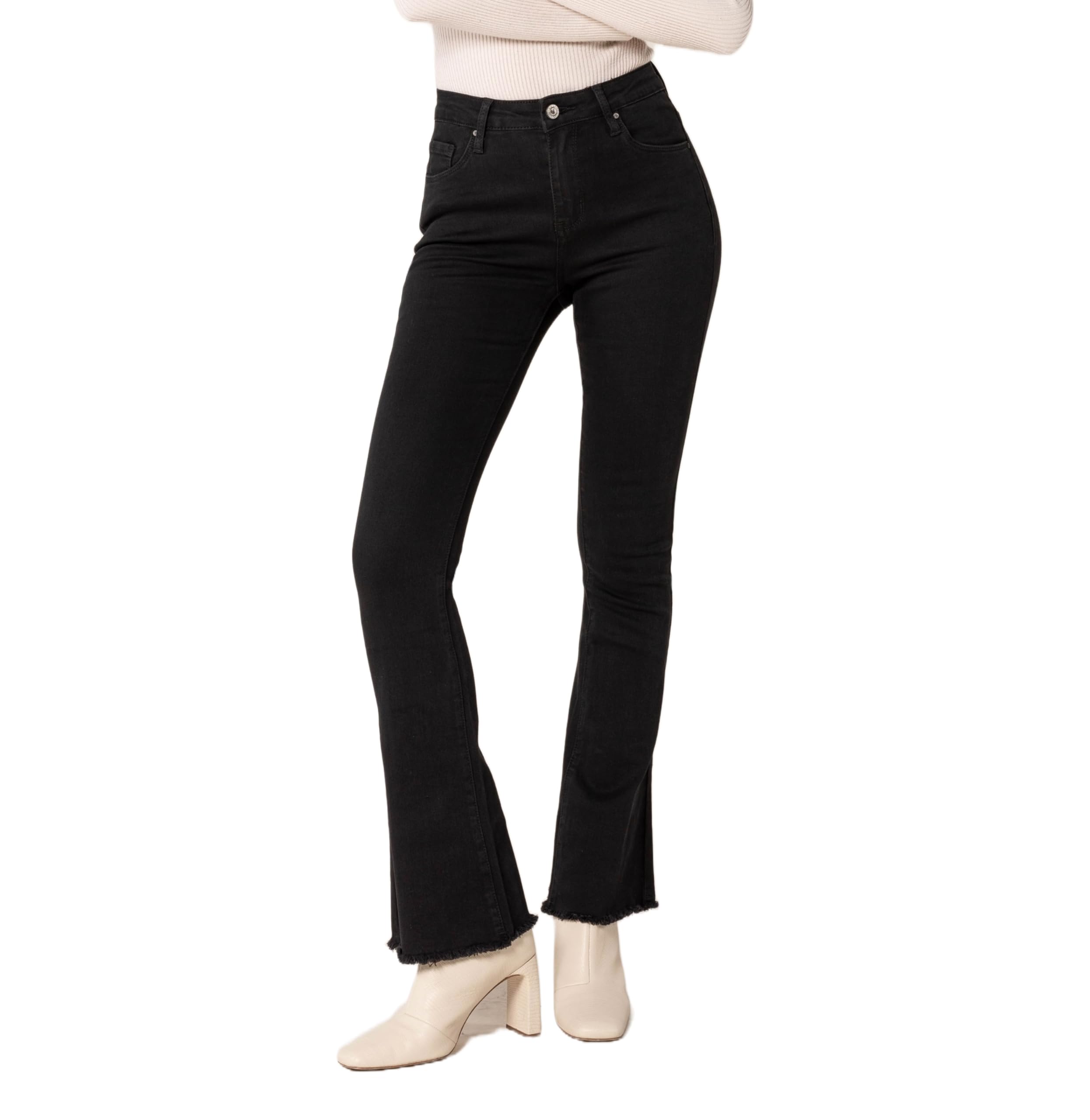 Nina Carter Jean bootcut pour femme, style rétro, taille moyenne, stretch, look usé, évasé