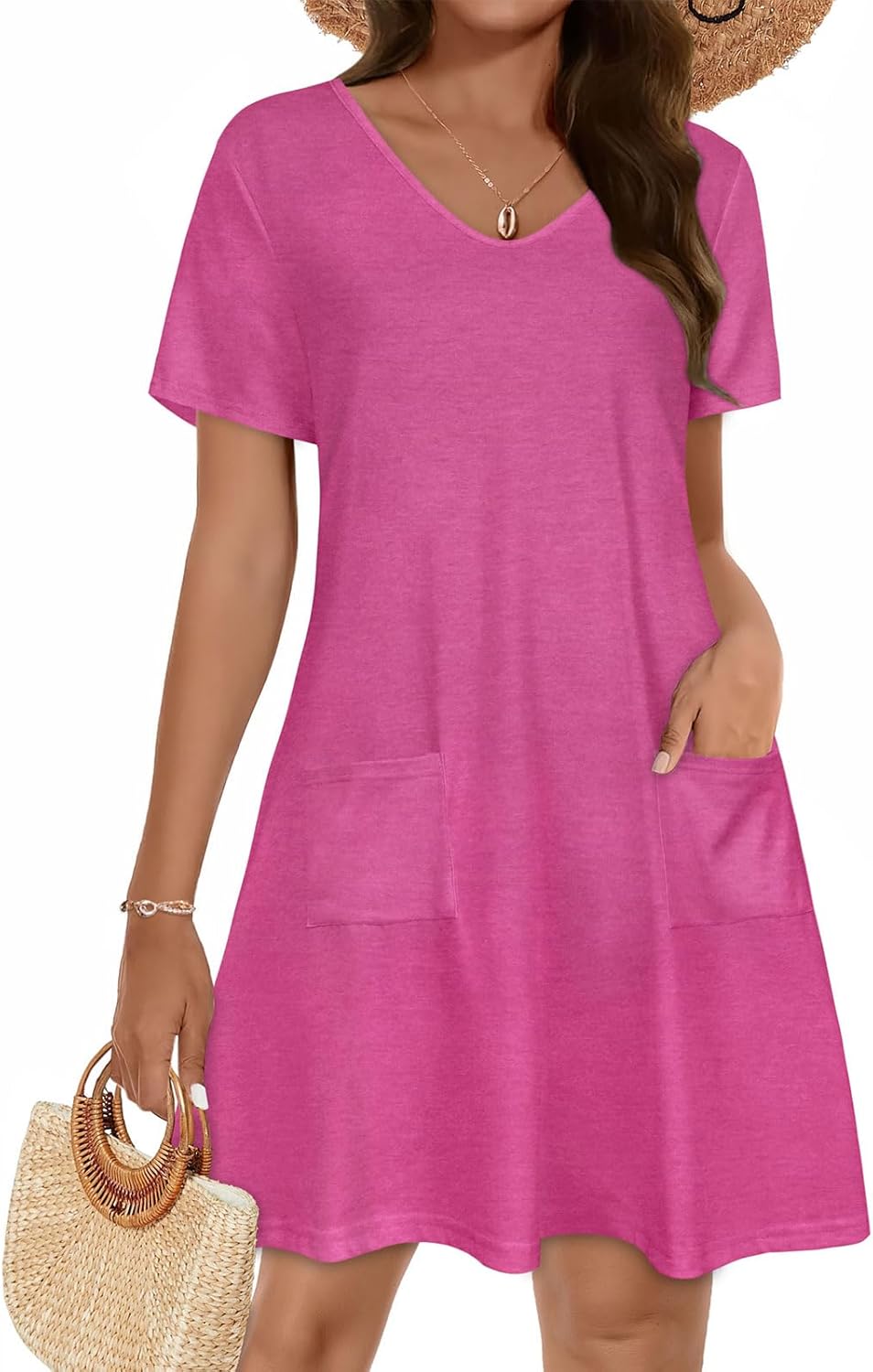 CHICGAL Summer Dresses for Women V Neck Short Sleeve Casual Loose T Shirt Sundress Beach Cover Ups with Pockets