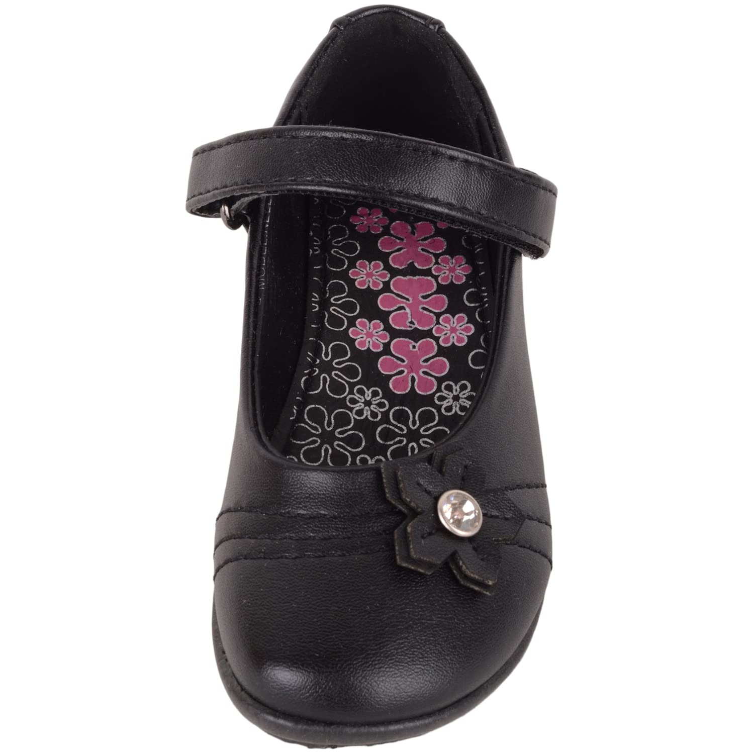 Childrens Kids Girls Touch and Close Formal School Shoes with Floral Diamante Design - Black Matt - US Infant 9
