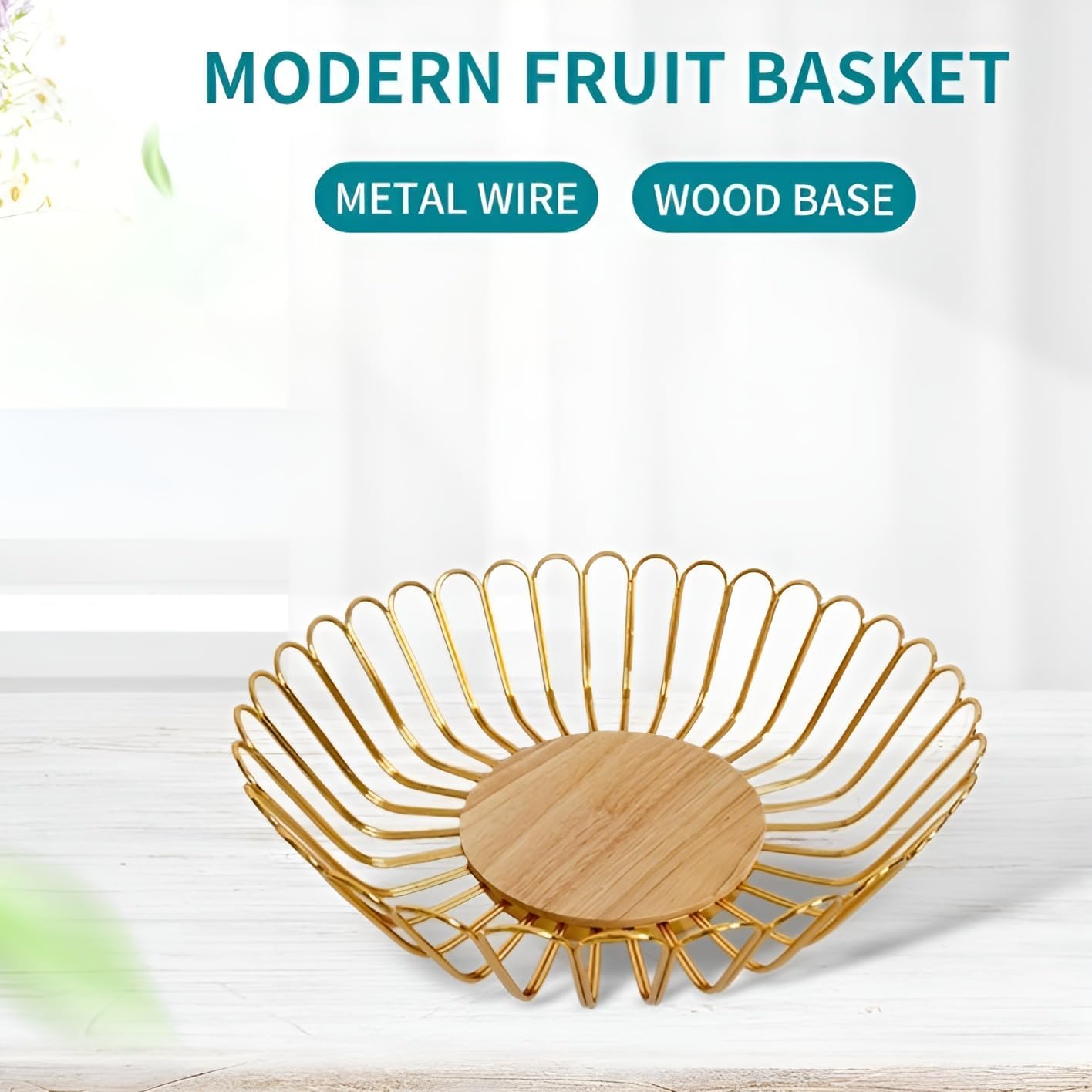 Gold Fruit Basket Metal Wire Fruit Basket Bowl Kitchen Countertop Large Storage Serving Holder for Lemon Banana Onion - Wooden Stand - 12 Inch (Gold Wood) - Image 2