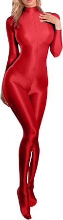FEOYA Shiny Long Sleeve Bodysuit for Women Metallic Stretchy Jumpsuit Glossy Sheer Catsuit