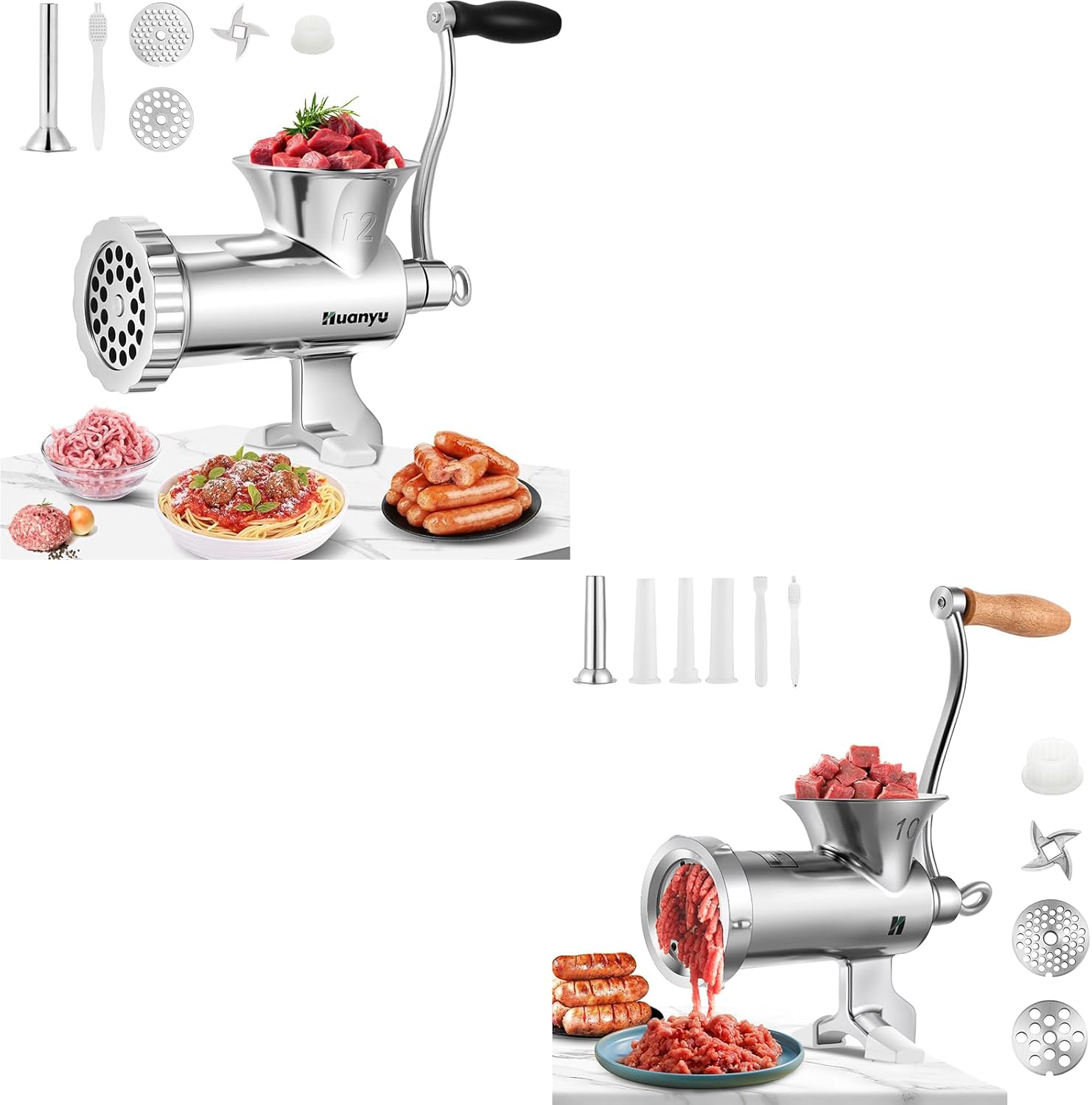 Huanyu Meat Grinder Manual Stainless Steel Sausage Stuffer Meat Mincer NO.12 and Huanyu HZ10 Meat Grinder Manual Stainless Steel Meat Mincer Bundle