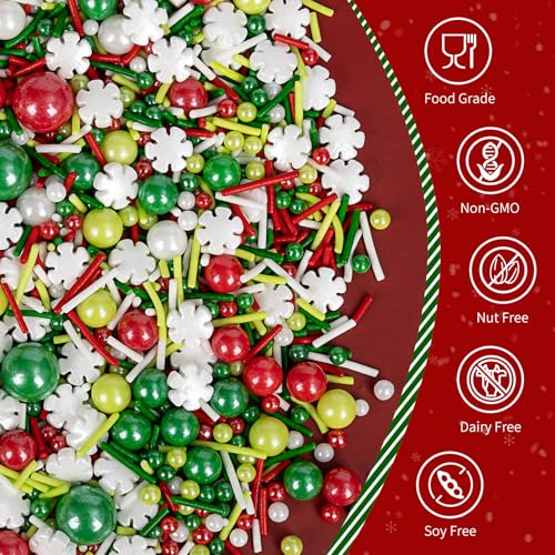Image of Edible Christmas Sprinkles for Cake Decorating,130g,White Snowflakes Red Green Pearls and Jimmies Mix,Edible Winter Sugar Pearl Holiday Sprinkle for Cupcake Toppers,Cookie,Ice Cream Dessert Decorations Birthday Christmas Party Supplies