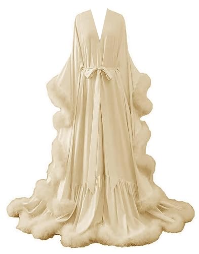 yinyyinhs Womens Sexy Feather Bridal Robes Silk Satin Long Nightgown Bathrobe Sleepwear Maternity Robe for Photoshoot - XX-Large - Champagne