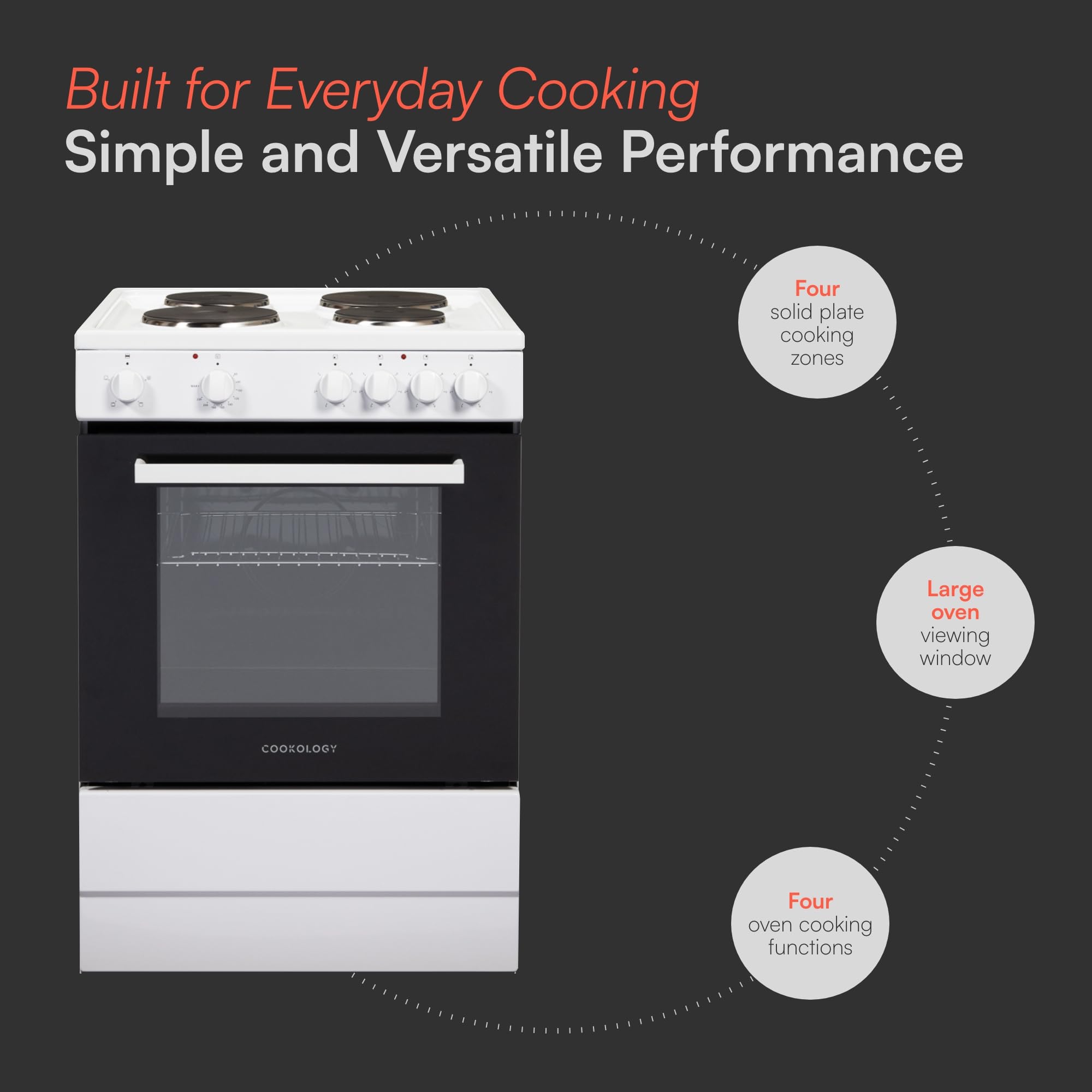 Cookology CFSP600WH 60cm Wide, 62 Litre Capacity Freestanding Electric Single Cooker with Solid Plate Top 4 Cooking Zone Hob and Analogue Dials – in White — view 3