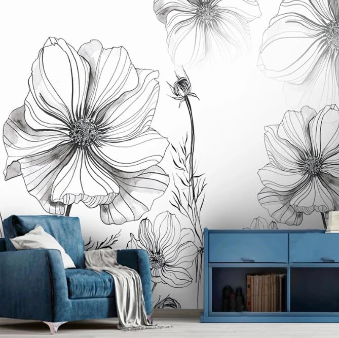 Papier peint moderne noir et blanc 3D motif fleur de 200x140 cm pour salon - 2