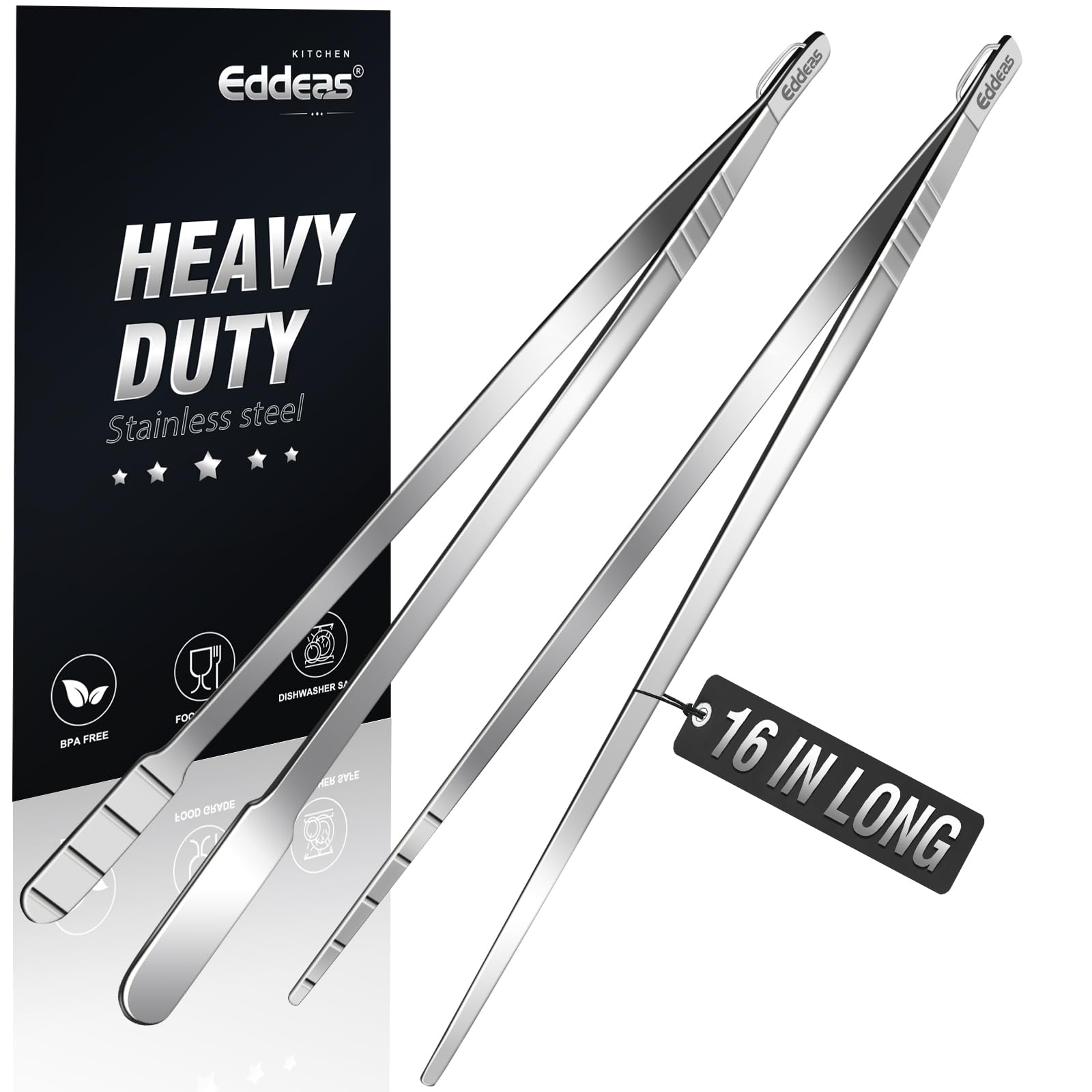 Eddeas Pinzas de cocina de 16 pulgadas de largo, paquete de 2 pinzas grandes para cocinar, pinzas de acero inoxidable resistentes al calor hasta 315.6 °C, aptas para lavavajillas