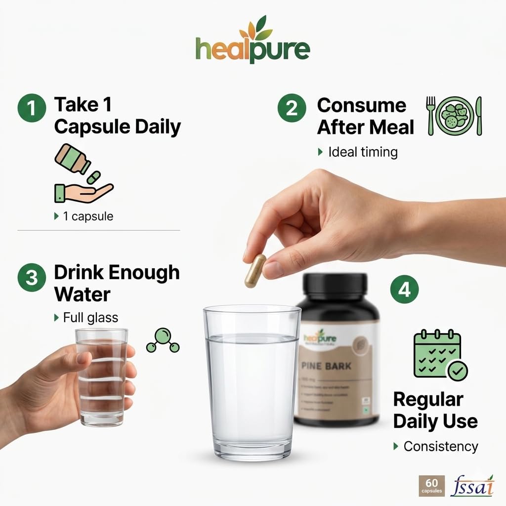 HEALPURE NUTRACEUTICAL Pine bark extract 100 mg. For Support Heart health Inflammation, Super Antioxidant, Healthy eye and skin - 60 Capsules 4