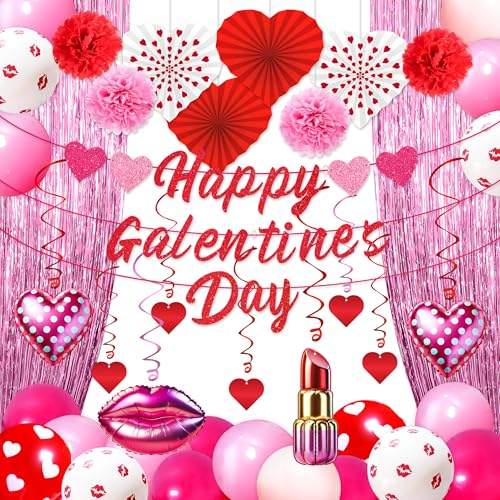 Galentines Day Party Balloons Decorations: Happy Galentine's Decor Heart Banners Hanging Swirls Paper Fans Tinsel Curtain Pom Poms Balloon Garland Arch Kit Party Supplies for the Home