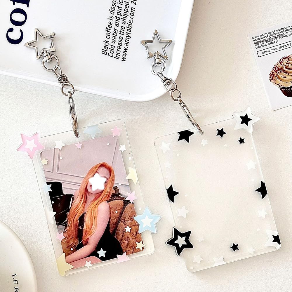 2Pcs Star Kpop Photocard Holder Keychain 3 Inch Photo Card Holder Photocard Keychain Acrylic Cute Photocard Holder Pc Holder Kpop Photocards Holder with Star Pendant for Idol Card Photo Album